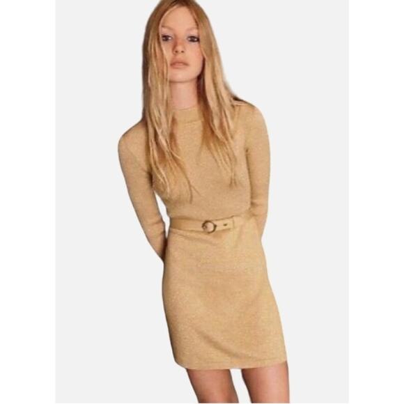 Free People Dress Size L French Girl Belted Ribbed Sweater Knit  Gold Shimmer - Picture 1 of 11